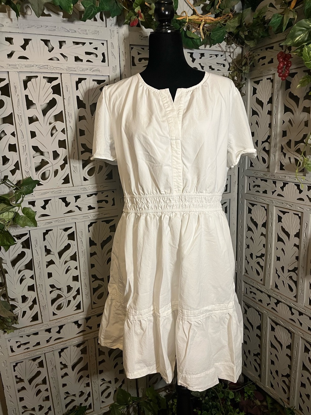 PRETTY GARDEN RETRO BOHO ALL WHITE TIERED SHORT SLEEVE MIDI DRESS